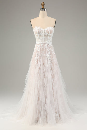 Hvit A Line Sweetheart Sweep Train Korsett brudekjole med Applique blonder